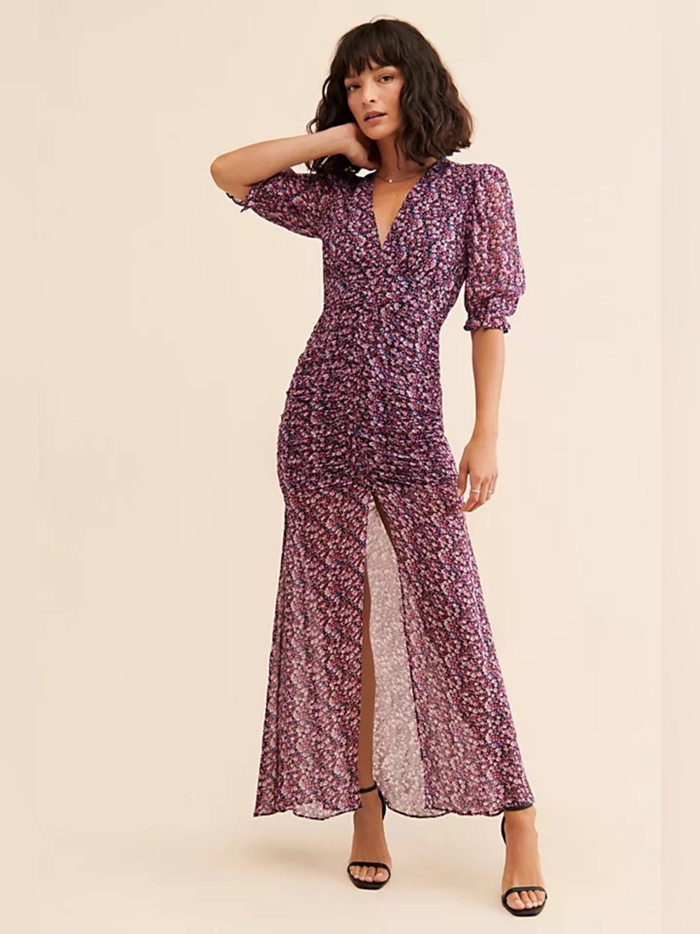 SAYLOR Blossom Ditsy Floral Chiffon Ruched Puff Sleeve Midi Dress Sz XS